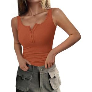PRETTYGARDEN Womens 2026 Summer Tank Tops Ribbed Knit Slim Fit Sleeveless Henley Shirts Casual Basic Button Up Blouse(Orange Red)