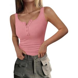 PRETTYGARDEN Womens 2026 Summer Tank Tops Ribbed Knit Slim Fit Sleeveless Henley Shirts Casual Basic Button Up Blouse(Pink)
