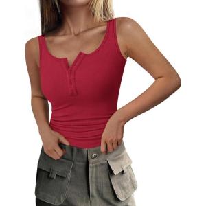 PRETTYGARDEN Womens 2026 Summer Tank Tops Ribbed Knit Slim Fit Sleeveless Henley Shirts Casual Basic Button Up Blouse(Red)