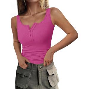 PRETTYGARDEN Womens 2026 Summer Tank Tops Ribbed Knit Slim Fit Sleeveless Henley Shirts Casual Basic Button Up Blouse(Rose Red)