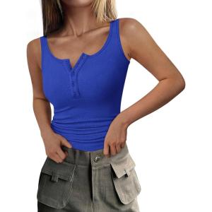 PRETTYGARDEN Womens 2026 Summer Tank Tops Ribbed Knit Slim Fit Sleeveless Henley Shirts Casual Basic Button Up Blouse(Royal Blue)