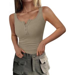 PRETTYGARDEN Womens 2026 Summer Tank Tops Ribbed Knit Slim Fit Sleeveless Henley Shirts Casual Basic Button Up Blouse(Sage Green)