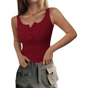 PRETTYGARDEN Womens 2026 Summer Tank Tops Ribbed Knit Slim Fit Sleeveless Henley Shirts Casual Basic Button Up Blouse(Wine Red)