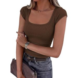 PRETTYGARDEN Womens Cap Sleeve T Shirts 2026 Square Neck Basic Tees Slim Fit Ribbed Knit Spring Going Out Tops Summer Clothes(Brown)