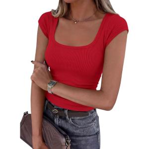 PRETTYGARDEN Womens Cap Sleeve T Shirts 2026 Square Neck Basic Tees Slim Fit Ribbed Knit Spring Going Out Tops Summer Clothes(Red)