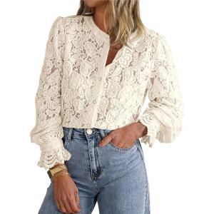 PRETTYGARDEN Women’s Dressy Casual Lace Blouse Long Sleeve Button Up Shirts Tops Spring Fall Fashion Clothes(Beige)