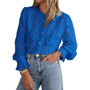 PRETTYGARDEN Women’s Dressy Casual Lace Blouse Long Sleeve Button Up Shirts Tops Spring Fall Fashion Clothes(Blue)