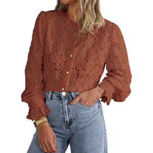 PRETTYGARDEN Women’s Dressy Casual Lace Blouse Long Sleeve Button Up Shirts Tops Spring Fall Fashion Clothes(Brick Red)