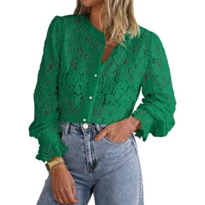 PRETTYGARDEN Women’s Dressy Casual Lace Blouse Long Sleeve Button Up Shirts Tops Spring Fall Fashion Clothes(Dark Green)