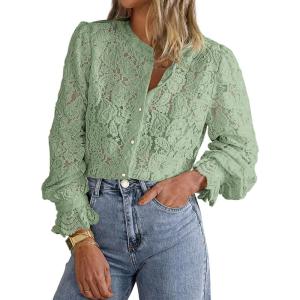 PRETTYGARDEN Women’s Dressy Casual Lace Blouse Long Sleeve Button Up Shirts Tops Spring Fall Fashion Clothes(Dusty Green)