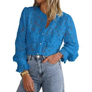 PRETTYGARDEN Women’s Dressy Casual Lace Blouse Long Sleeve Button Up Shirts Tops Spring Fall Fashion Clothes(Grey Blue)