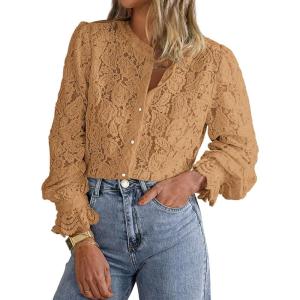 PRETTYGARDEN Women’s Dressy Casual Lace Blouse Long Sleeve Button Up Shirts Tops Spring Fall Fashion Clothes(Khaki)