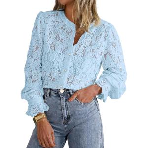 PRETTYGARDEN Women’s Dressy Casual Lace Blouse Long Sleeve Button Up Shirts Tops Spring Fall Fashion Clothes(Light Blue)