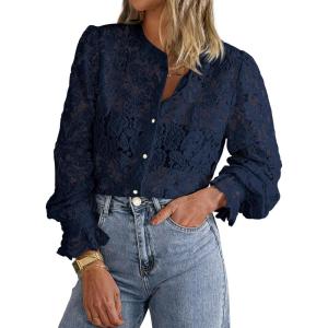 PRETTYGARDEN Women’s Dressy Casual Lace Blouse Long Sleeve Button Up Shirts Tops Spring Fall Fashion Clothes(Navy)