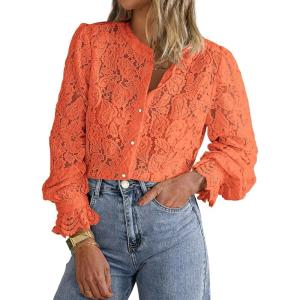 PRETTYGARDEN Women’s Dressy Casual Lace Blouse Long Sleeve Button Up Shirts Tops Spring Fall Fashion Clothes(Orange)