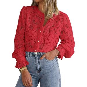 PRETTYGARDEN Women’s Dressy Casual Lace Blouse Long Sleeve Button Up Shirts Tops Spring Fall Fashion Clothes(Red)