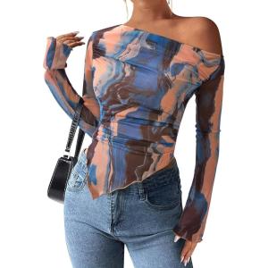 PRETTYGARDEN Womens Fall Trendy Off Shoulder Y2k Tops 2025 Tie Dye Mesh Long Sleeve Shirts Asymmetrical Ruched Floral Blouse(Blue Watercolour)