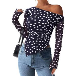PRETTYGARDEN Womens Fall Trendy Off Shoulder Y2k Tops 2025 Tie Dye Mesh Long Sleeve Shirts Asymmetrical Ruched Floral Blouse(Dot Navy Blue White)