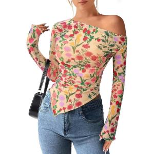 PRETTYGARDEN Womens Fall Trendy Off Shoulder Y2k Tops 2025 Tie Dye Mesh Long Sleeve Shirts Asymmetrical Ruched Floral Blouse(Floral Apricot Multi)