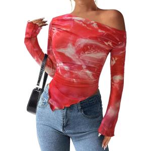 PRETTYGARDEN Womens Fall Trendy Off Shoulder Y2k Tops 2025 Tie Dye Mesh Long Sleeve Shirts Asymmetrical Ruched Floral Blouse(Floral Brick Red)