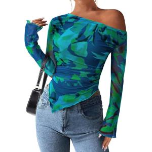 PRETTYGARDEN Womens Fall Trendy Off Shoulder Y2k Tops 2025 Tie Dye Mesh Long Sleeve Shirts Asymmetrical Ruched Floral Blouse(Floral Green)