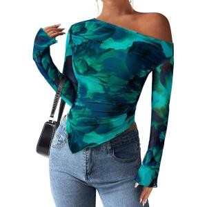 PRETTYGARDEN Womens Fall Trendy Off Shoulder Y2k Tops 2025 Tie Dye Mesh Long Sleeve Shirts Asymmetrical Ruched Floral Blouse(Floral Lake Blue)