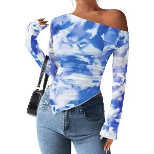 PRETTYGARDEN Womens Fall Trendy Off Shoulder Y2k Tops 2025 Tie Dye Mesh Long Sleeve Shirts Asymmetrical Ruched Floral Blouse(Floral Light Blue)