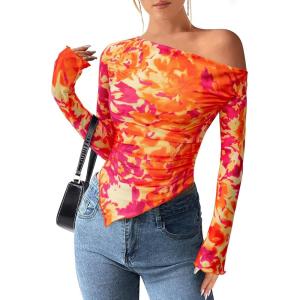 PRETTYGARDEN Womens Fall Trendy Off Shoulder Y2k Tops 2025 Tie Dye Mesh Long Sleeve Shirts Asymmetrical Ruched Floral Blouse(Floral Orange)