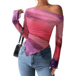 PRETTYGARDEN Womens Fall Trendy Off Shoulder Y2k Tops 2025 Tie Dye Mesh Long Sleeve Shirts Asymmetrical Ruched Floral Blouse(Multicolour Print)