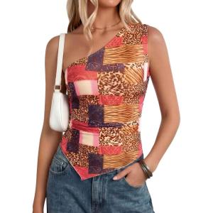 PRETTYGARDEN Women’s Floral Mesh Tops 2026 Summer Asymmetrical One Shoulder Sleeveless Ruched Shirts Spring Going Out Clothes(Khaki Leopard)