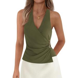 PRETTYGARDEN Womens Halter Top 2026 Spring Tie Wrap Sleeveless Ruched V Neck Fitted Summer Tops Backless Fashion Y2k Clothes(Army Green)