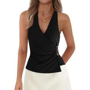 PRETTYGARDEN Womens Halter Top 2026 Spring Tie Wrap Sleeveless Ruched V Neck Fitted Summer Tops Backless Fashion Y2k Clothes(Black)