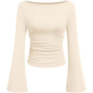 PRETTYGARDEN Women’s Long Sleeve Shirts 2025 Fall Crop Going Out Tops Casual Boat Neck Bell Sleeve Ribbed Ruched Y2K Clothes