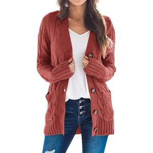 PRETTYGARDEN Women’s Open Front Cardigan Sweaters Fall Fashion Button Down Cable Knit Chunky Winter Clothing Outerwear Coats(Red)