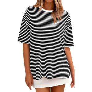 PRETTYGARDEN Womens Oversied Cute Tops Casual Striped Short Sleeve Shirt Women Trendy 2026 Spring Fashion Basic Tees Blouse(Black Striped)