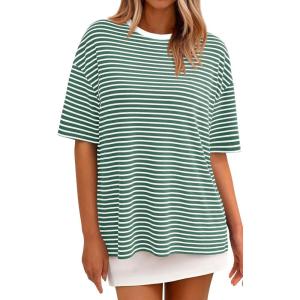 PRETTYGARDEN Womens Oversied Cute Tops Casual Striped Short Sleeve Shirt Women Trendy 2026 Spring Fashion Basic Tees Blouse(Green White Striped)