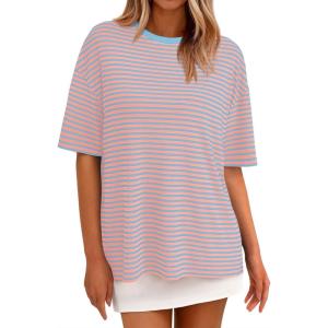 PRETTYGARDEN Womens Oversied Cute Tops Casual Striped Short Sleeve Shirt Women Trendy 2026 Spring Fashion Basic Tees Blouse(Pink Light Blue Striped)