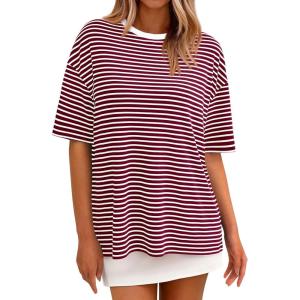 PRETTYGARDEN Womens Oversied Cute Tops Casual Striped Short Sleeve Shirt Women Trendy 2026 Spring Fashion Basic Tees Blouse(Wine Red White Striped)