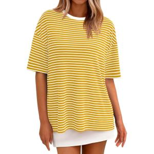PRETTYGARDEN Womens Oversied Cute Tops Casual Striped Short Sleeve Shirt Women Trendy 2026 Spring Fashion Basic Tees Blouse(Yellow White Striped)
