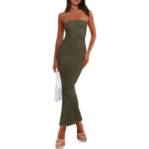 PRETTYGARDEN Women’s Ribbed Maxi Bodycon Dress Summer Strapless Tube Y2K Party Club Long Dresses(Army Green)