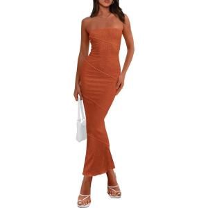 PRETTYGARDEN Women’s Ribbed Maxi Bodycon Dress Summer Strapless Tube Y2K Party Club Long Dresses(Rust Red)