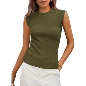 PRETTYGARDEN Women’s Ribbed Tank Tops 2026 Summer Cap Sleeve Slim Fitted Knit Basic Casual Tee Shirts Trendy Fashion Clothes(Army Green)