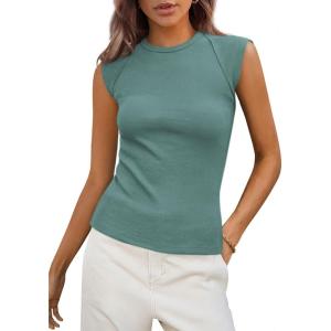 PRETTYGARDEN Women’s Ribbed Tank Tops 2026 Summer Cap Sleeve Slim Fitted Knit Basic Casual Tee Shirts Trendy Fashion Clothes(Bean Green)