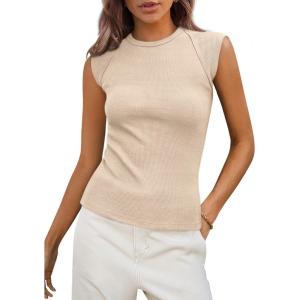 PRETTYGARDEN Women’s Ribbed Tank Tops 2026 Summer Cap Sleeve Slim Fitted Knit Basic Casual Tee Shirts Trendy Fashion Clothes(Beige)