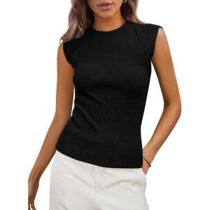PRETTYGARDEN Women’s Ribbed Tank Tops 2026 Summer Cap Sleeve Slim Fitted Knit Basic Casual Tee Shirts Trendy Fashion Clothes(Black)