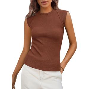 PRETTYGARDEN Women’s Ribbed Tank Tops 2026 Summer Cap Sleeve Slim Fitted Knit Basic Casual Tee Shirts Trendy Fashion Clothes(Brown)
