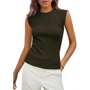 PRETTYGARDEN Women’s Ribbed Tank Tops 2026 Summer Cap Sleeve Slim Fitted Knit Basic Casual Tee Shirts Trendy Fashion Clothes(Dark Army Green)