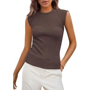 PRETTYGARDEN Women’s Ribbed Tank Tops 2026 Summer Cap Sleeve Slim Fitted Knit Basic Casual Tee Shirts Trendy Fashion Clothes(Dark Coffee)