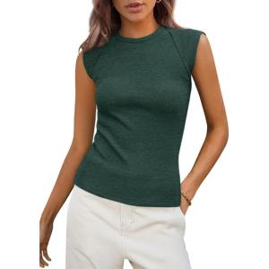 PRETTYGARDEN Women’s Ribbed Tank Tops 2026 Summer Cap Sleeve Slim Fitted Knit Basic Casual Tee Shirts Trendy Fashion Clothes(Dark Green)