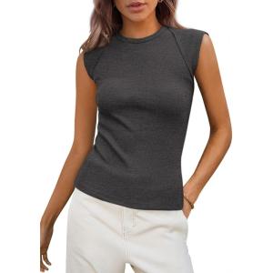 PRETTYGARDEN Women’s Ribbed Tank Tops 2026 Summer Cap Sleeve Slim Fitted Knit Basic Casual Tee Shirts Trendy Fashion Clothes(Dark Grey)
